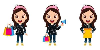 Happy cute kid boys character wearing beautiful outfit holding shopping bags isolated on white background vector