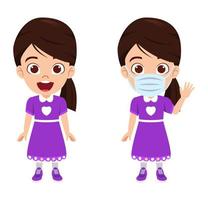 Cute kid girl character wearing beautiful outfit and mask and microphone headphone and waving posing vector