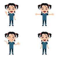 Cute beautiful kid girl character wearing beautiful outfit standing and doing different cations posing waving showing wide both hands vector