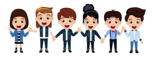 Happy cute kid boy and girl characters wearing beautiful outfit and standing together holding hands and posing vector