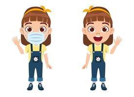 Cute kid girl character wearing beautiful outfit and mask and waving vector
