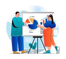 Sales performance concept in modern flat design. Team analyzes data and make presentation with report with statistics of profit growth. Successful strategy and increases income. Vector illustration