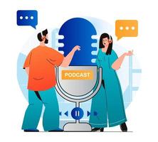 Podcast streaming concept in modern flat design. Woman and man in headphones talking in microphone at live radio show at studio. Host and guest discussing at live broadcasting. Vector illustration