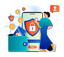 Secure payment concept in modern flat design. Woman logs into financial account using password. Customer paying and conducts transaction in secure online banking at mobile app. Vector illustration