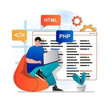 concepto de trabajo de programación en diseño plano moderno. programas de desarrollo en lenguajes html y php, crea software, trabaja en una computadora portátil. aplicaciones de desarrollo, optimización y prueba. ilustración vectorial vector