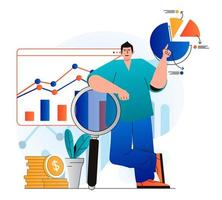 Sales performance concept in modern flat design. Marketer researches financial statistics and analysis business strategy. Successful strategy, profit growth and increases income. Vector illustration