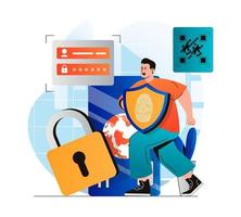 Secure payment concept in modern flat design. Man paying in into financial account using password and scanning fingerprint. Protection in mobile application of online banking. Vector illustration