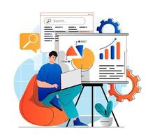 Seo analysis concept in modern flat design. Man analyzes search results, works with data and making report using laptop. Development promotion strategy and increases site rankings. Vector illustration