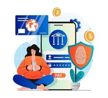 Secure payment concept in modern flat design. Woman paying online and conducts financial transaction in secure account after scanning fingerprint. Protection in online banking. Vector illustration