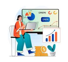 Sales performance concept in modern flat design. Woman works with financial statistics, profit growth and analysis business strategy. Successful strategy and increases income. Vector illustration