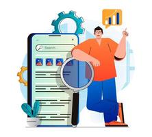 Seo analysis concept in modern flat design. Man analyzes search results and site rankings, develops promotion strategy, optimizes keywords, increases traffic and works with data. Vector illustration