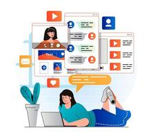 Social network concept in modern flat design. Woman chatting with friends, likes posts and browsing social media using laptop at home. Online communication and virtual community. Vector illustration