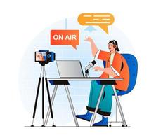 concepto de transmisión de podcasts en moderno diseño plano. mujer con auriculares hablando por el micrófono en un programa de radio en vivo y grabando con una cámara de video en el estudio. Blogger retransmisiones en directo. ilustración vectorial vector