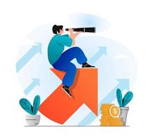 Searching opportunity concept in modern flat design. Woman looks through spyglass and looks for new business projects or vacancies. Achieving career goals and professional growth. Vector illustration