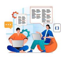 Programming working concept in modern flat design. Developer team creates software, brainstorming and working together at office. Development, optimization and testing apps. Vector illustration