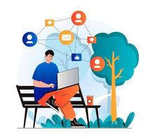 Social network concept in modern flat design. Man sends messages to friends and likes posts on social media using laptop while sitting on bench in park. Online communication. Vector illustration