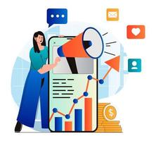 Social media marketing concept in modern flat design. Woman with megaphone attracting audience and analysis data of advertising campaign. Online promotion in mobile applications. Vector illustration