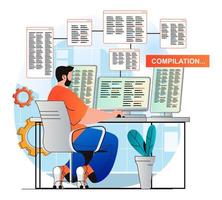 Programming working concept in modern flat design. Developer does compilation of program. Man creates software, working at computer. Development, optimization and testing apps. Vector illustration