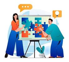 Teamwork concept in modern flat design. Colleagues putting puzzle together, work together on project, generates ideas, brainstorms, collaborate and partner, development business. Vector illustration