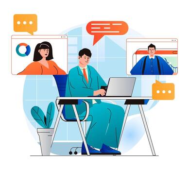 Video conference concept in modern flat design. Colleagues communicate remotely using group video call at different screens. Employees discussing tasks at online business meeting. Vector illustration