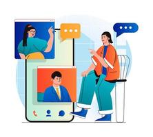 Video chatting concept in modern flat design. Friends communicate by group video call at different screens. Online communication technology and virtual meeting at zoom programm. Vector illustration