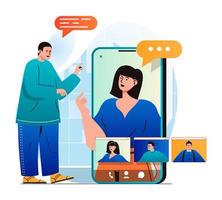 concepto de video chat en moderno diseño plano. El hombre hace videollamadas a amigos o colegas y se comunica en diferentes pantallas en aplicaciones móviles. tecnología de comunicación en línea. ilustración vectorial vector