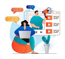 concepto de video marketing en moderno diseño plano. blogger con megáfono hace integración de anuncios en videoclips, crea contenido publicitario. éxito de la estrategia de promoción empresarial en línea. ilustración vectorial vector