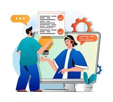 Virtual assistant concept in modern flat design. Man contacted support service and communicates with consultant in video chat. Operator helps customer to solve problem online. Vector illustration