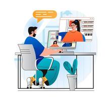 Video conference concept in modern flat design. Man communicates remotely with woman using video call at computer screens. Employees discussing tasks at online business meeting. Vector illustration