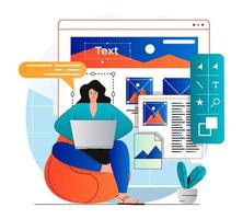 Web design concept in modern flat design. Woman designer create and optimize graphic elements, programming and testing. Developer creates interface layout, working at laptop. Vector illustration