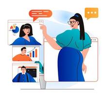 Video conference concept in modern flat design. Woman listens to colleagues reports remotely using group video call at screens. Employees discussing tasks at online meeting. Vector illustration