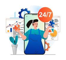 Virtual assistant concept in modern flat design. Woman operator with headphones advises and helps clients around the clock in mobile application. Online customer support service. Vector illustration