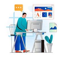 concepto de diseño web en diseño plano moderno. hombre diseñador dibuja elementos gráficos y crea el diseño de la interfaz de la aplicación móvil, página web optimizada para pantallas, trabaja en la computadora. ilustración vectorial vector