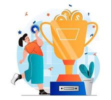 Business award concept in modern flat design. Businesswoman holding star and won huge gold cup, getting first place in competition. Triumph, profit growth, achievement of goals. Vector illustration