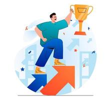 Business award concept in modern flat design. Businessman holding gold cup and moves up on arrow. Triumph, profit growth, achievement of career goals, leadership in competition. Vector illustration
