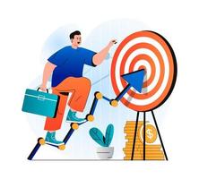 Business target concept in modern flat design. Businessman with briefcase goes up on arrow to dartboard. Achievement of career goals, leadership, business strategy and investment. Vector illustration