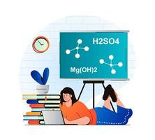 Education concept in modern flat design. Student studying lesson at laptop. Woman is reading textbook, does homework at class. Pupil learning at school, college or university. Vector illustration