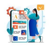 Content manager concept in modern flat design. Woman places elements, fills site pictures and optimized page for mobile app. Designer creates graphics. Online business promotion. Vector illustration