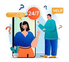 Customer support concept in modern flat design. Man needs help and contacted call center. Operator consults client using video chat in mobile application. Online communication. Vector illustration