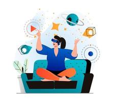 Cyberspace concept in modern flat design. Woman learning and touching elements of simulation using VR headset, innovation interactive education at home. Virtual augmented reality. Vector illustration