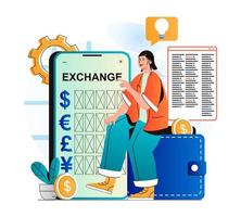 concepto de banca móvil en moderno diseño plano. mujer intercambia moneda entre monederos electrónicos en una aplicación móvil. el cliente usa una cuenta bancaria en línea, recibe servicios financieros. ilustración vectorial vector