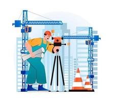 concepto de ingeniero de construcción en moderno diseño plano. topógrafo hace mediciones y sostiene dibujos de trabajo. El constructor trabaja en el sitio de construcción con grúas. negocio inmobiliario. ilustración vectorial vector