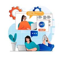 concepto de atención al cliente en moderno diseño plano. La mujer se puso en contacto con el soporte y consultó en el chat con el operador. El consultor ayuda a resolver el problema mediante una videollamada. comunicación en línea. ilustración vectorial vector