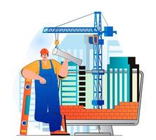 Construction engineer concept in modern flat design. Builder holds blueprint and tools. Bricklayer makes brickwork. Constructor working at building site. Real estate business. Vector illustration