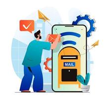 Email service concept in modern flat design.Man sending new letters from mobile application of mailbox. Online communication technology, business contact, promotional mailing. Vector illustration