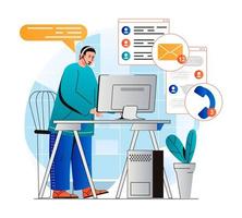 Customer support concept in modern flat design. Operator works at computer, responds to incoming emails, advises clients. Consultant works in call center. Online communication. Vector illustration