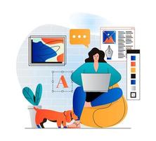 Freelance working concept in modern flat design. Woman designer is working on creative project on laptop from home studio. Illustrator draws graphic elements and performs tasks. Vector illustration