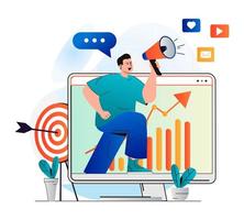 Digital marketing concept in modern flat design. Man with megaphone announcing and attracting new customers. Online promotion, targeting, data analysis and advertising campaign. Vector illustration