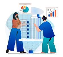 Cyberspace concept in modern flat design. Man and woman working with business statistics charts and simulation touching interface using VR headset. Virtual augmented reality. Vector illustration