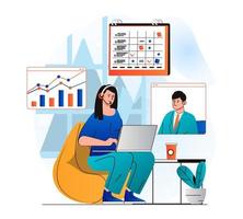 Freelance working concept in modern flat design. Woman discusses tasks with colleague by video call, analyzes data and planning business meetings, works on laptop from home office. Vector illustration